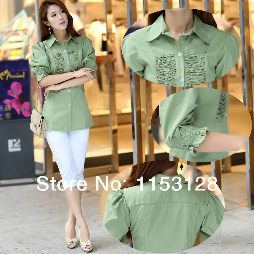 Women's Korean Style Spring Summer Fall Fashion Sweet Slim Shirts / Ladies Simple Casual Pure Cotton Green Cardigan Blouse /A088 |