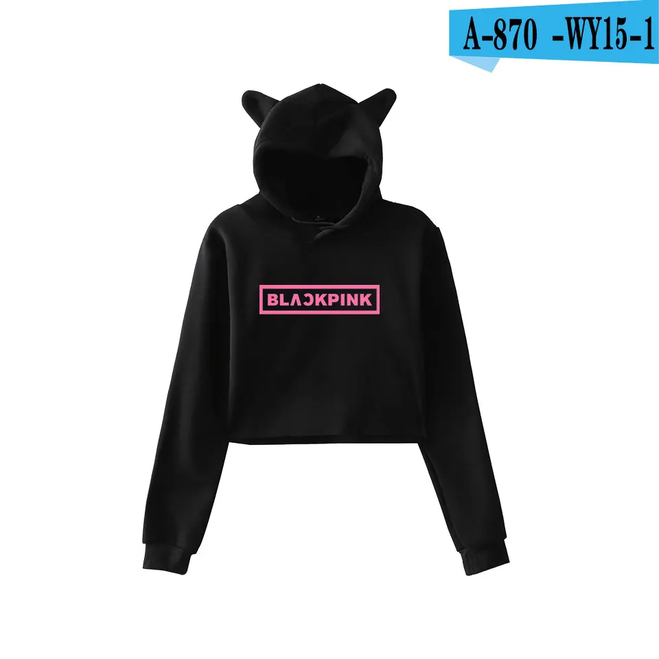 WEJNXIN Kawaii худи с кошачьими ушами для женщин Kpop BLACKPINK вентиляторы Толстовка поддержка дамы BLACKPINK Письмо печати укороченный Топы Одежда - Цвет: Black