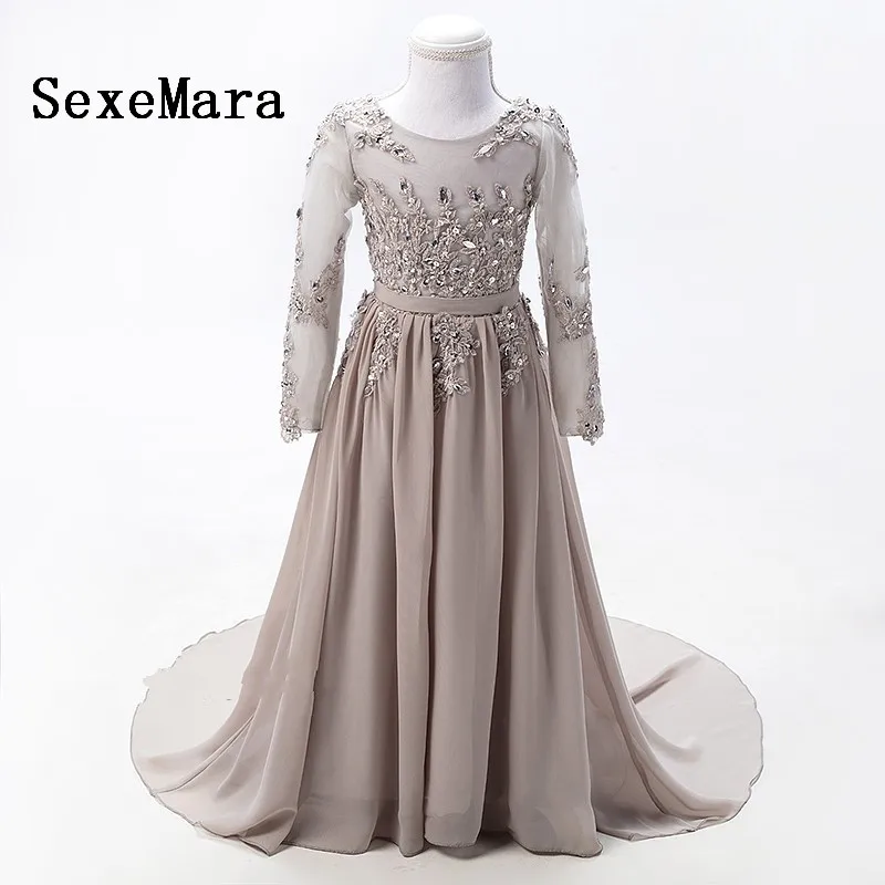 Real Picture Grey Long Sleeves Flower Girl Dresses for Wedding Diamond Sequined Lace First Communion dresses girls | Детская одежда и