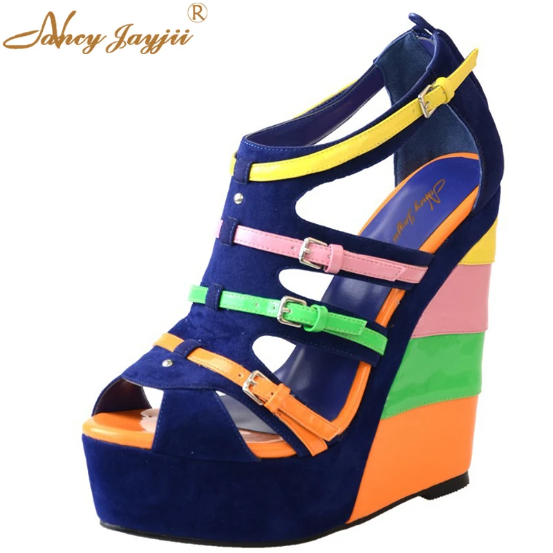 Сандалии гладиаторы на очень высокой танкетке цвет синий летние сапоги женская