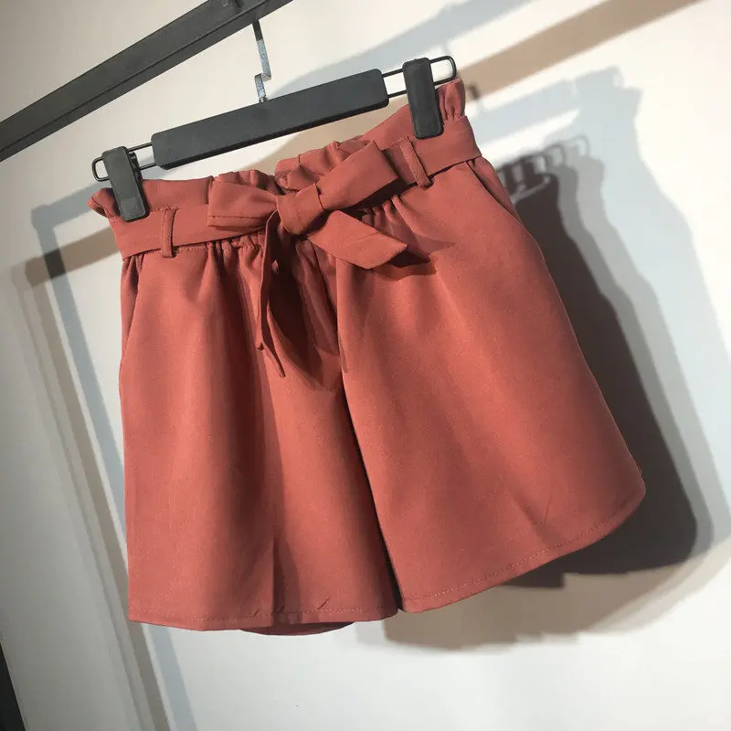 dark red Летние эластичные Шорты с высокой талией Для женщин на шнуровке Короткие Femme брюки Для женщин элегантные дамы бурлящие штаны пляж широкие шорты C4266 - Цвет: dark red