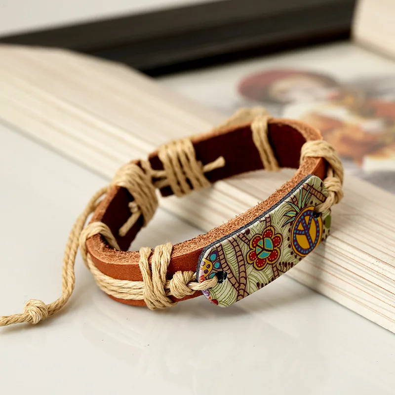 New Fashion Hippie 60's Retro Leather Bracelet Handcraft Hand Made Manual Jewelry For Women &amp Girls Flower Print Rope Cord |