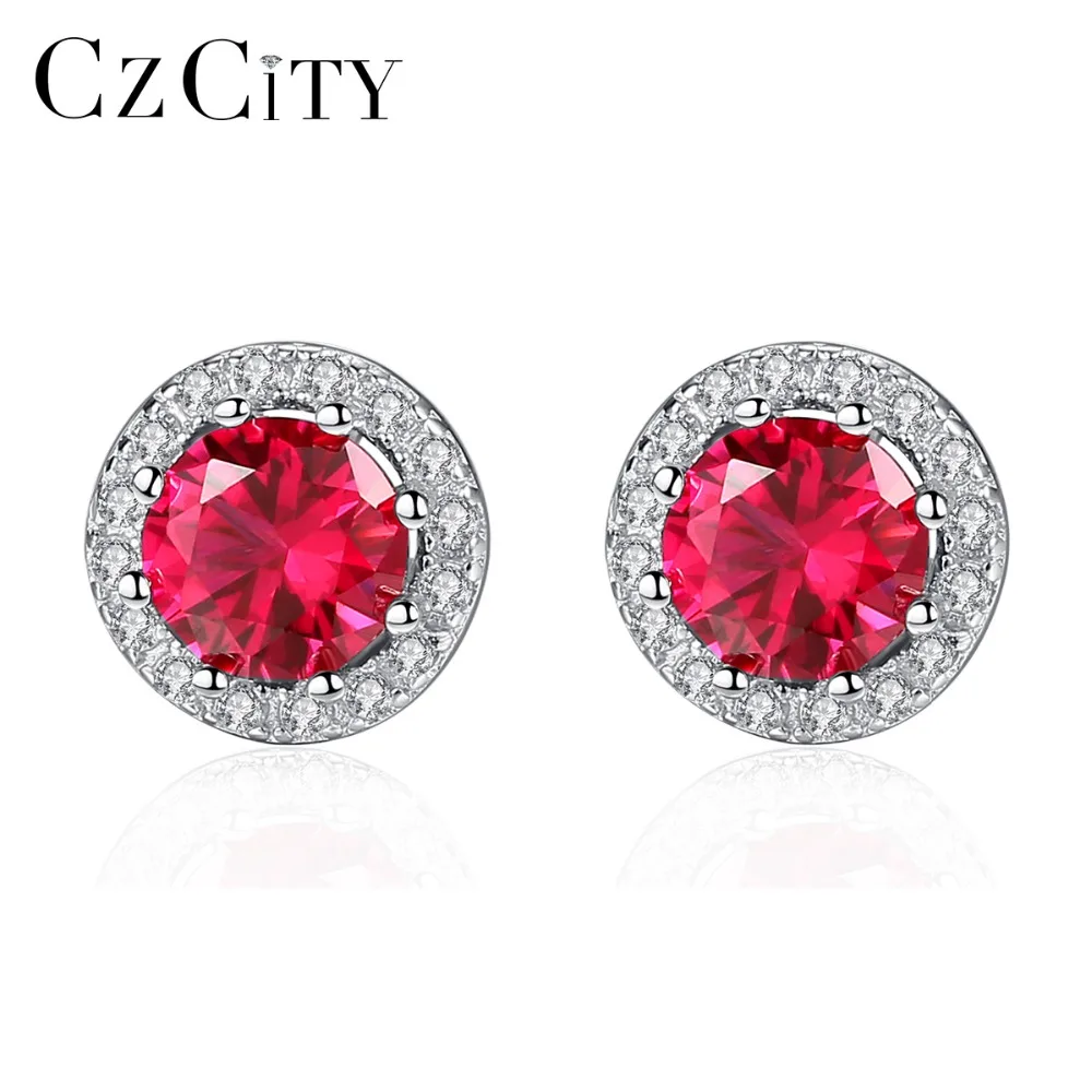

CZCITY Luxury 7.7mm Round 925 Sterling Silver Ruby Earrings Certified Elegant Wedding Bridal Engagement Fine Jewelry Friend Gift