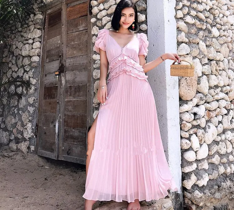 Новое поступление 2019 розовое шифоновое платье с рукавами фонариками женское