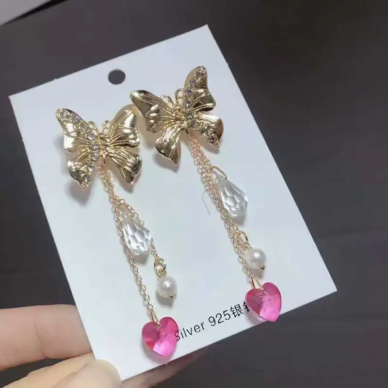 

Vintage fairy bow drill pearl powder love tassel earrings female