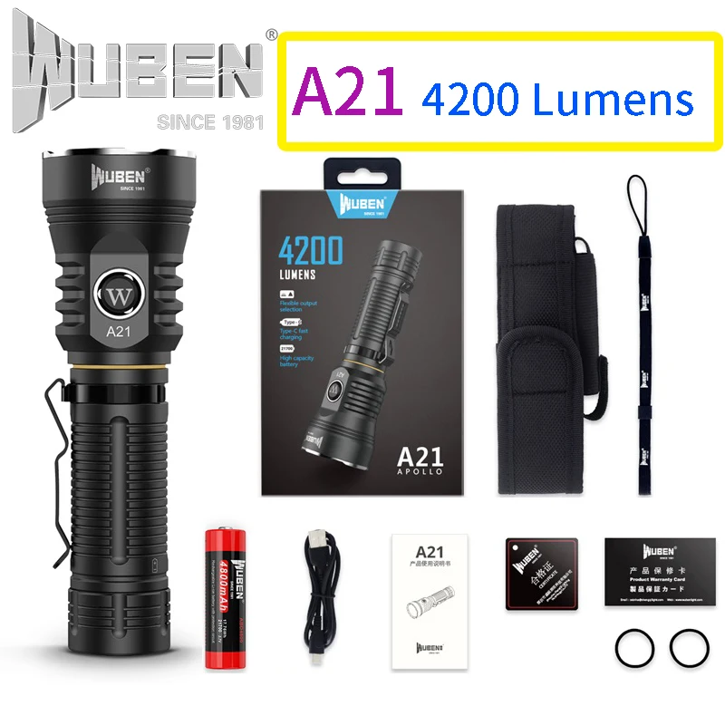 Светодиодный фонарик WUBEN A21 XHP70 4200 люмен перезаряжаемый аккумулятор 21700 с быстрым