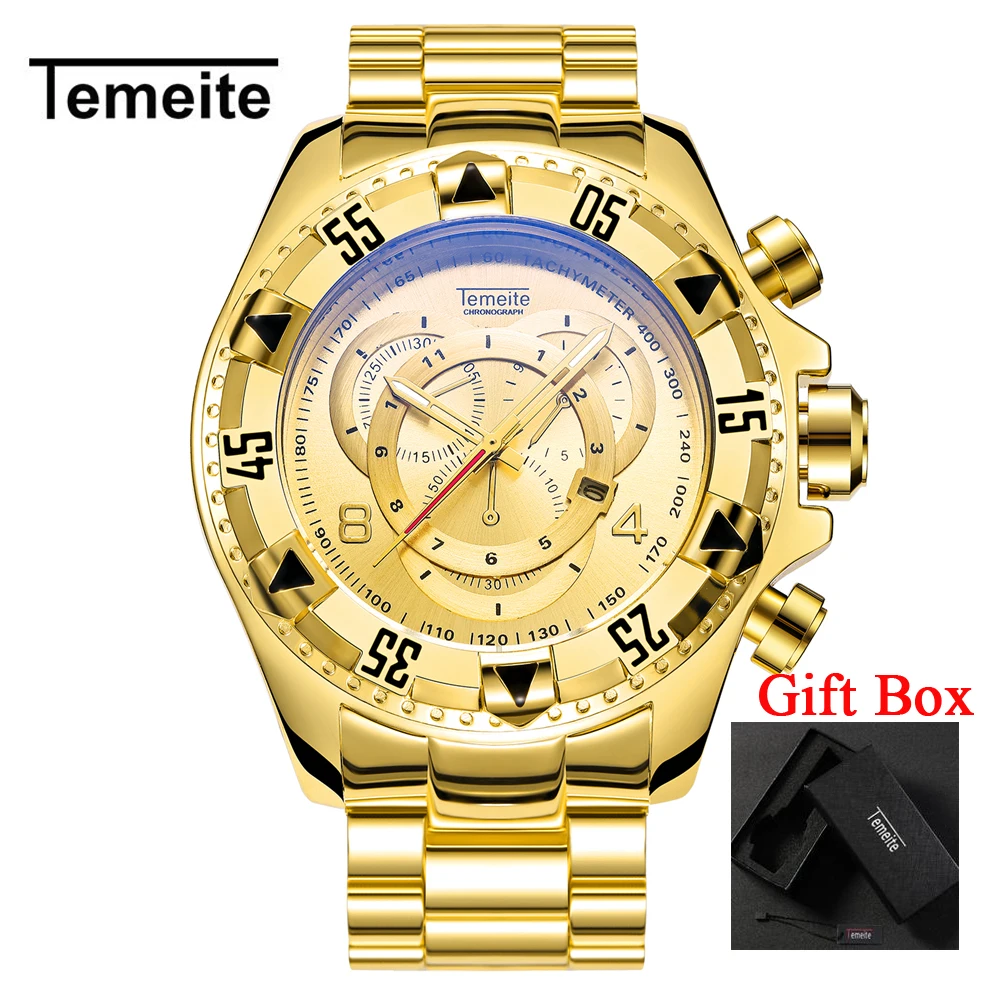 TEMEITE 2 with box Дропшиппинг Temeite мужские часы роскошные золотые часы для мужчин большой циферблат Кварцевые часы Бизнес наручные часы Водонепроницаемый Relogio Masculino - Цвет: TEMEITE 2 with box