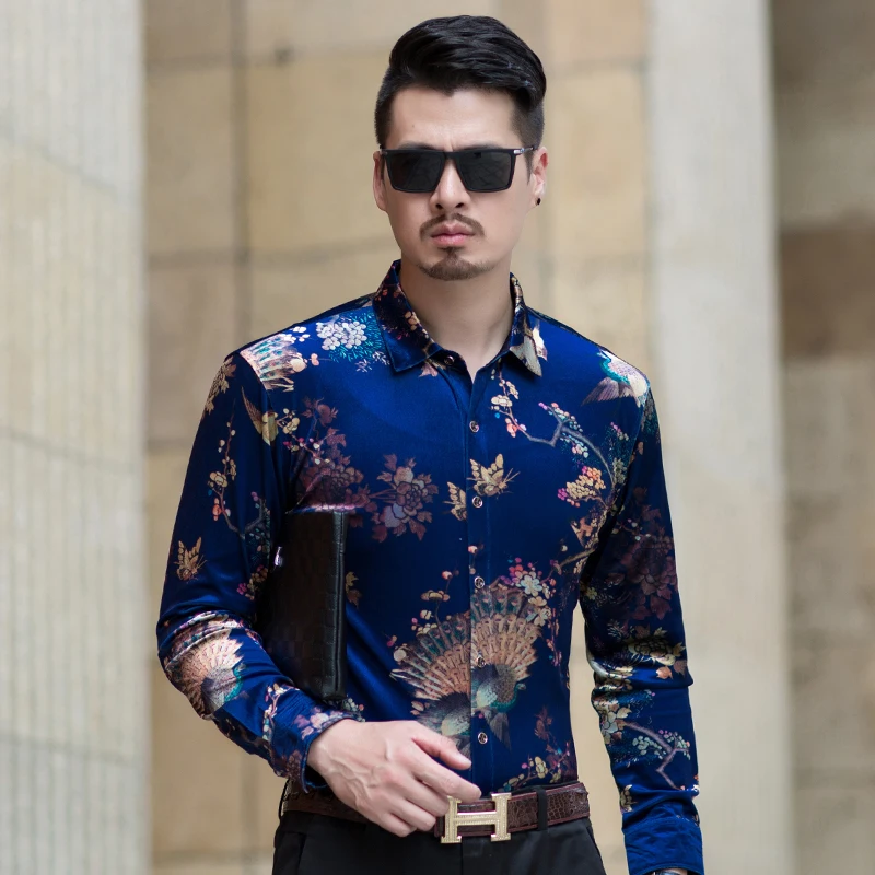 Mens gold velvet dress shirt autumn sexy male long sleeve flroal free shipping | Мужская одежда