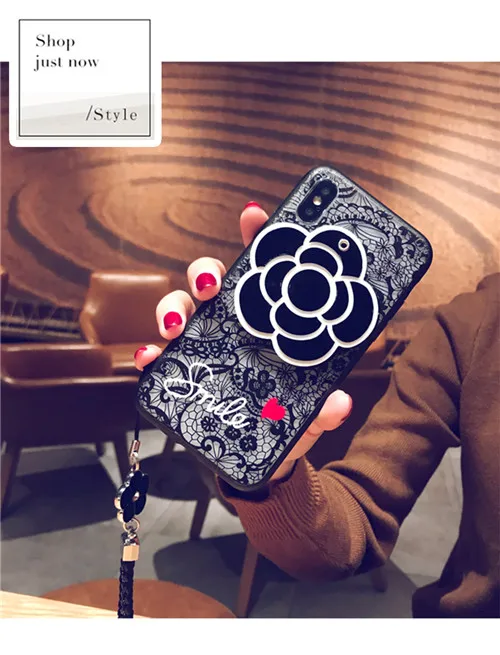 3D Camellia зеркальный кружевной цветок с цветком кулон ремешок чехол для iPhone 11 Pro Max XS Max XR X 8 7 6 6S Plus 5 5S SE - Цвет: Черный