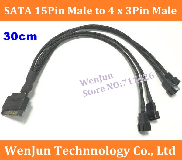 20PCS Hot Sale  SATA 15Pin 15-pin Male To 4 x 3Pin Male 12V Fan Splitter Cable 22AWG 30cm High Quality