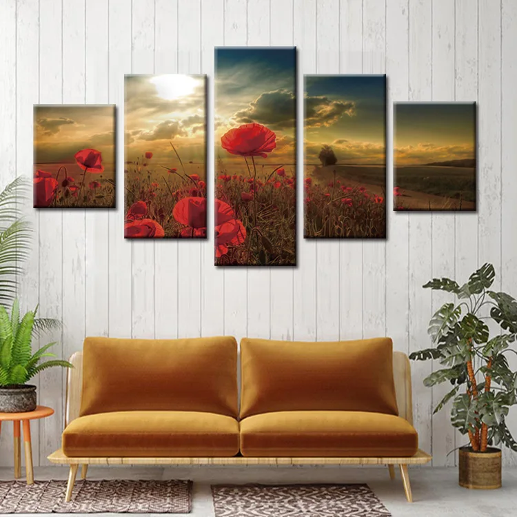 Абстрактные Ретро постеры для украшения дома 5 шт. Красный мак цветок пейзаж