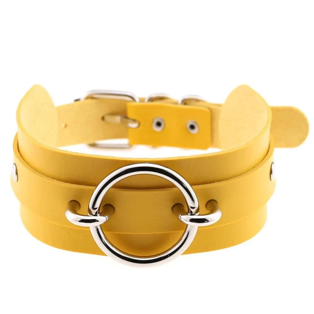 Silver Yellow Панк большой круглый кожаный чокер для женщин Связывание чокер ожерелье готическое Колье Широкий серебряный цвет массивные ожерелья Макси ювелирные изделия - Окраска металла: Silver Yellow