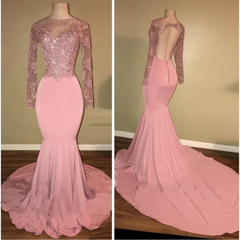 

Open Back Long Sleeve Mermaid Prom Dresses 2019 New Lace Applique Sweep Strain Beading Formal Evening Dress Party Gowns