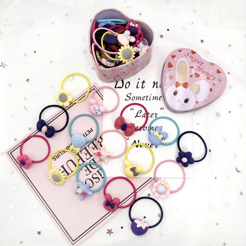 Q 20Pcs Kids Hair Bands Rubber Fashion Ring Elastic Gift Box Girls Headwear Accessories Cute Cartoon Candy Color | Аксессуары для