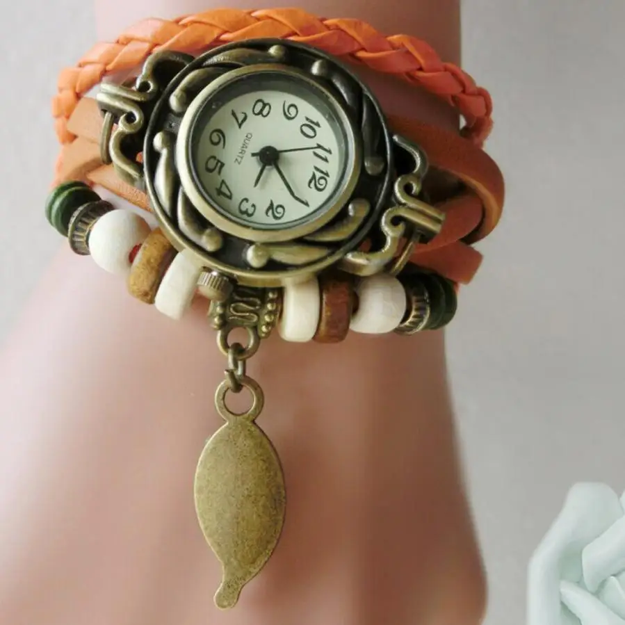 

Timezone #401 Fashion Leather Bracelet Watch Women Casual Dress Vintage Leaf Beads Wristwatch Luxury Quartz women Watch