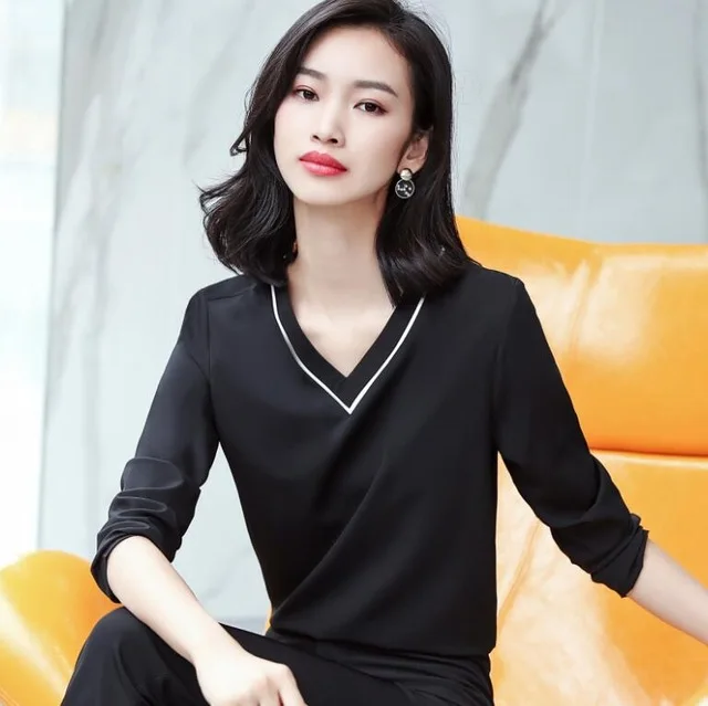 

Shirt Women Long sleeve 2018 New Autumn slim fashion temperament V Neck blouses office ladies formal plus size tops black white