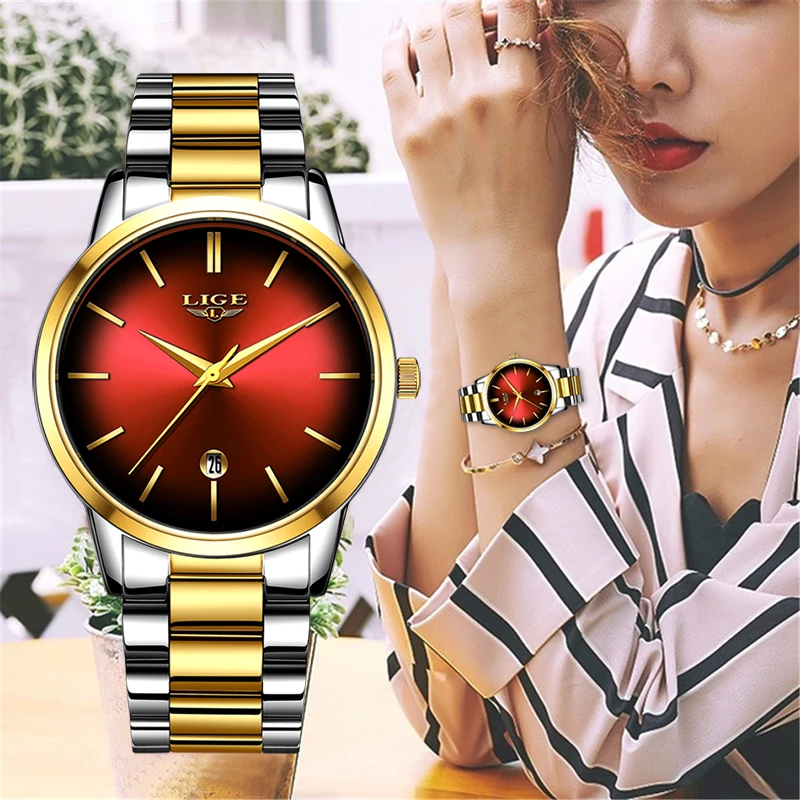 

2022 LIGE Gold Rose Female Watch Business Quartz Watch Ladies Top Brand Luxury Waterproof Automatic Date Clock Relogio Masculino