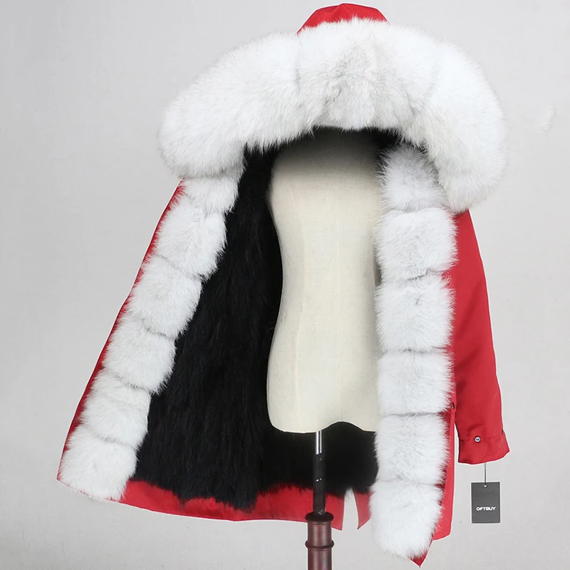 red black white OFTBUY, водонепроницаемая парка, пальто из натурального меха, натуральный Лисий мех, капюшон, зимняя куртка для женщин, съемная верхняя одежда, уличная одежда, роскошная теплая - Цвет: red black white