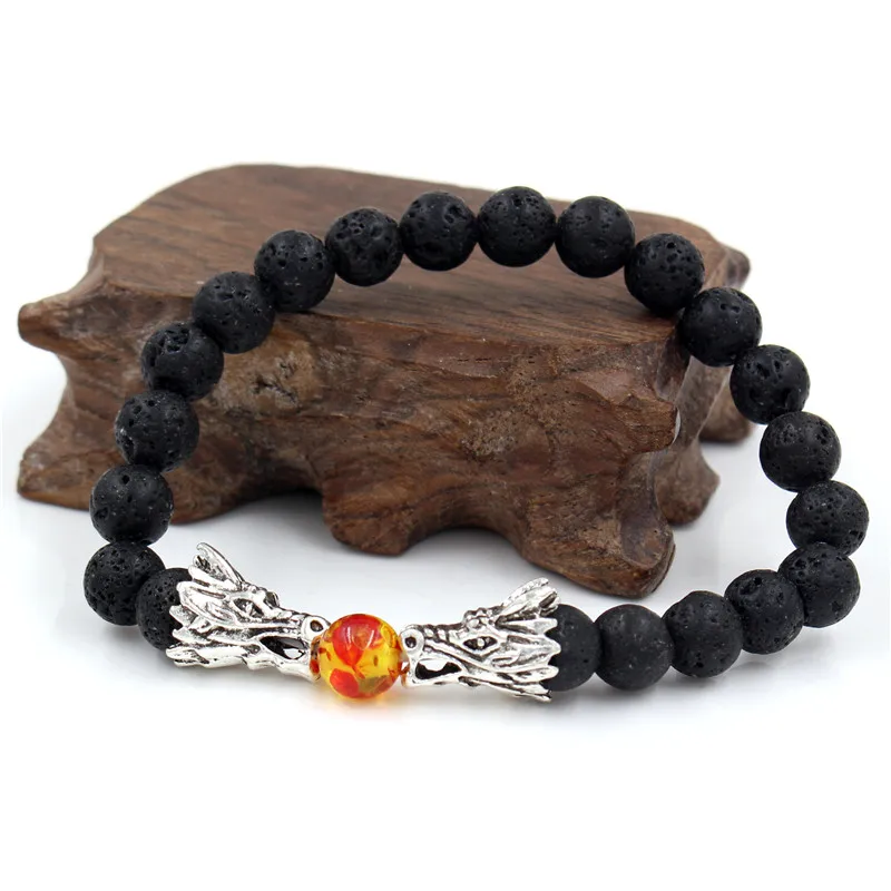 ZJ2322AS Натуральный черный браслет из лавы и белого камня Howlite Pulseira Masculina мужские ювелирные изделия Будда дракон браслет из бисера для женщин - Окраска металла: ZJ2322AS