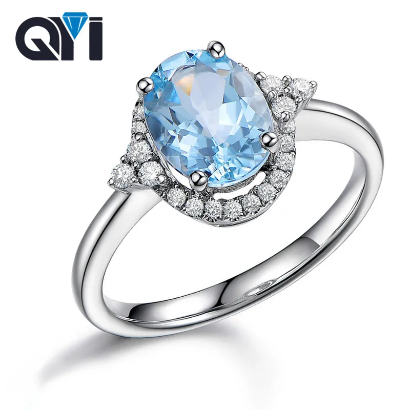 

QYI 2 Ct Oval Cut Natural Sky Blue Topaz Rings Natural Gemstone 925 Sterling Silver Halo Engagement Wedding Ring For Women