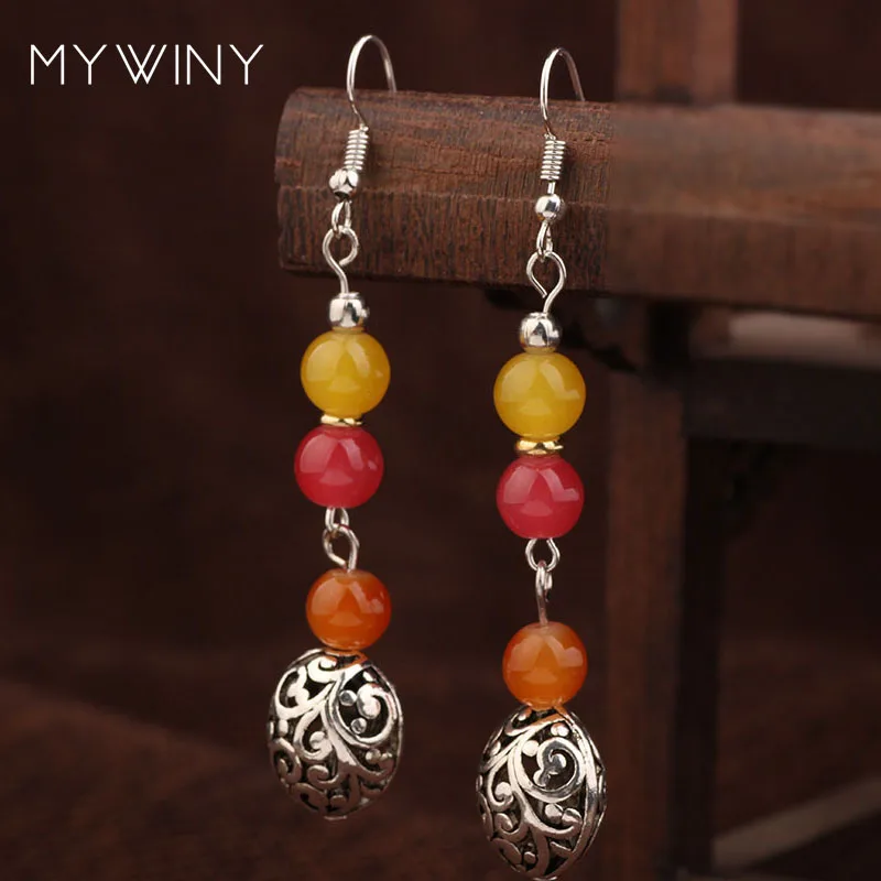 Женские ажурные серьги подвески с натуральными камнями в этническом