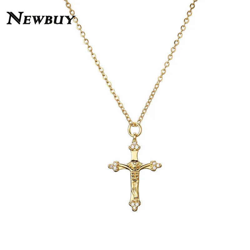NEWBUY 45 см медные звенья цепи ожерелье для женщин мужчин классический крест кулон ожерелье циркония христианские молитвенные ювелирные изделия Прямая поставка - Окраска металла: NBSL413