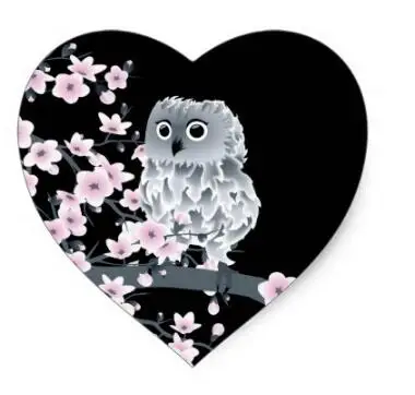 

1.5inch Cute Owl and Cherry Blossoms Black Pink Heart Sticker