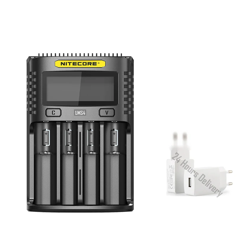 UMS4 Add Plug Новинка NITECORE UMS2 UMS4 SC4 интеллектуальное зарядное устройство USB выход 3A для LiFePO4 литий-ионный Ni-MH NiCd 10440 10440 10500 18650 - Цвет: UMS4 Add Plug