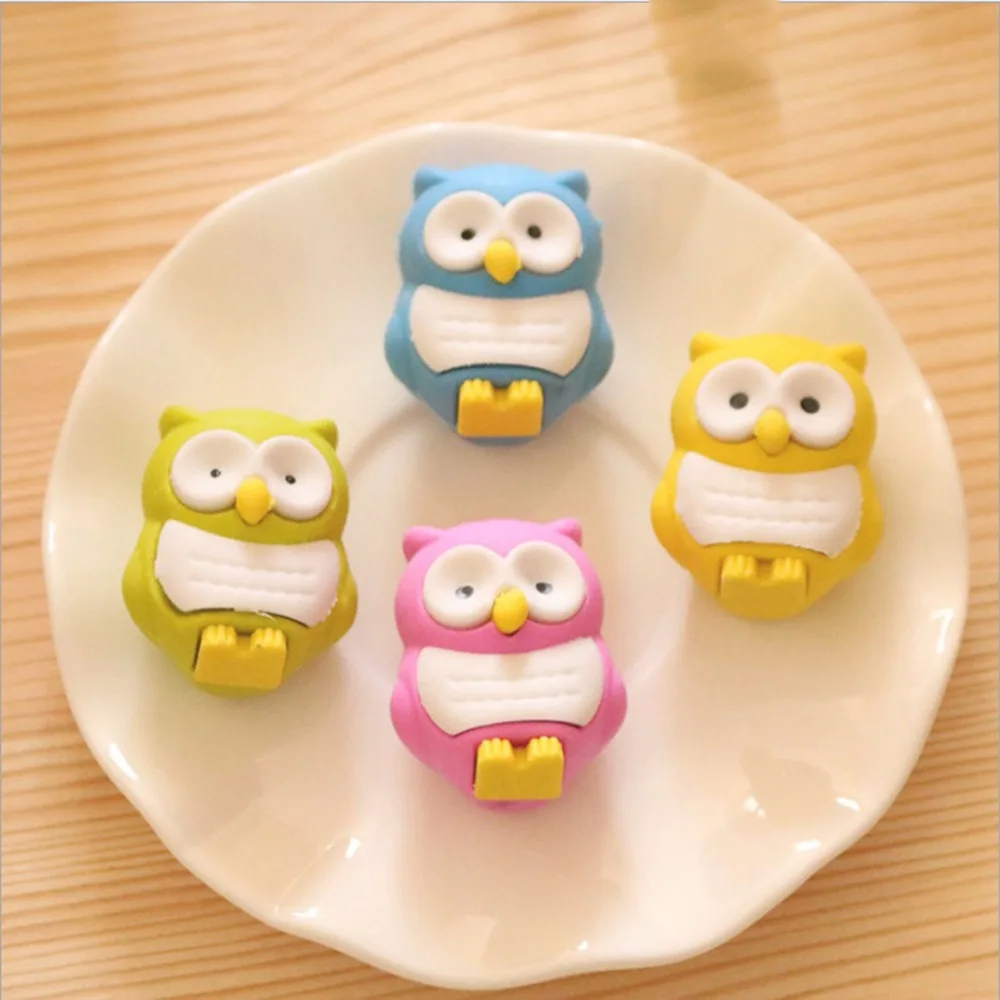4 Pcs of Cute Lovely Colorful Owl-Shaped Eraser & Rubber for School Stationery & Office Supply