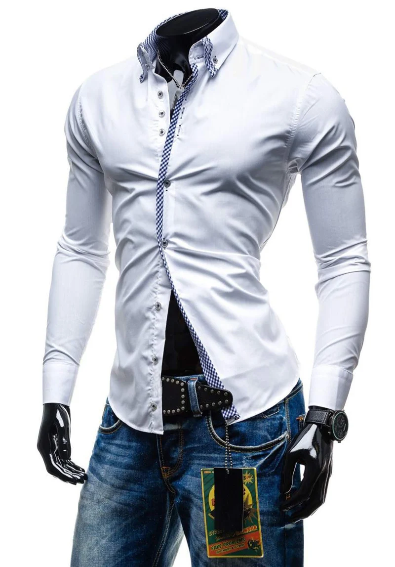 Весна двойной воротник slim fit Мужская рубашка сплошной длинный рукав хлопковый в британском стиле мужская рубашка
