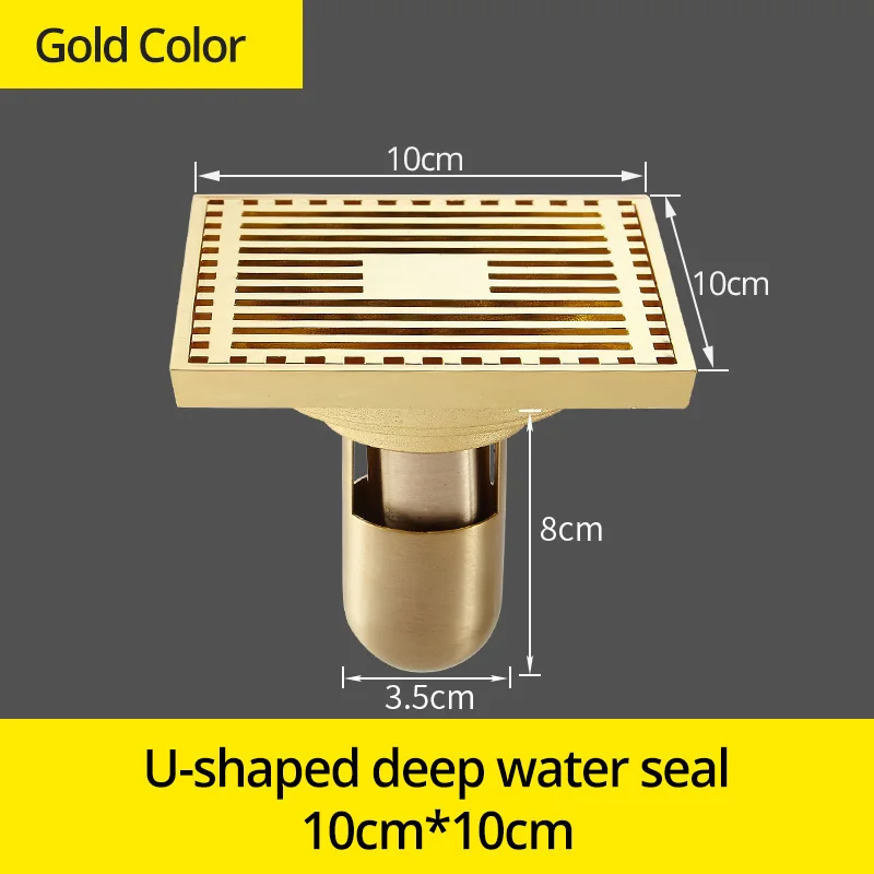 Gold 811521K-U Стоки 10*10 см Твердый латунный хромированный Серебряный душ слив ванная комната квадратная крышка анти-запах волос фильтр балкон пол DrainBS-8109A - Цвет: Gold 811521K-U