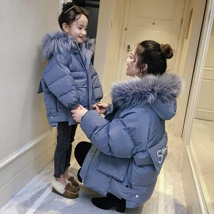 2019 Family Matching Mother Daughter Long Coat Kids Costumes Little Girls Clothing With Big Fur Collar Hat | Мать и ребенок