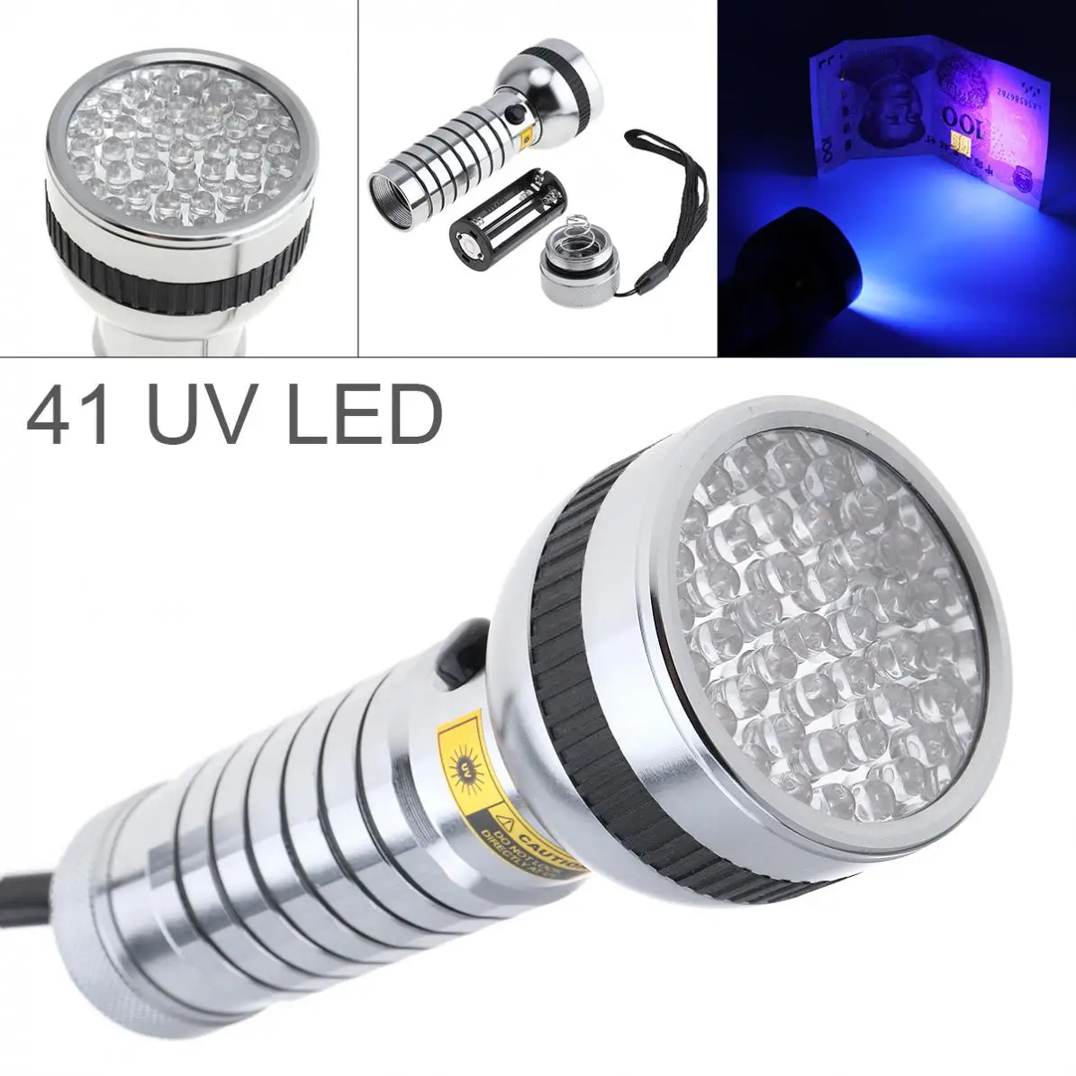 

395nm Aluminum Alloy 41 LED UV Flashlight Support 4 x AAA Batteries for Fluorescent Agent Detection / Money Detector