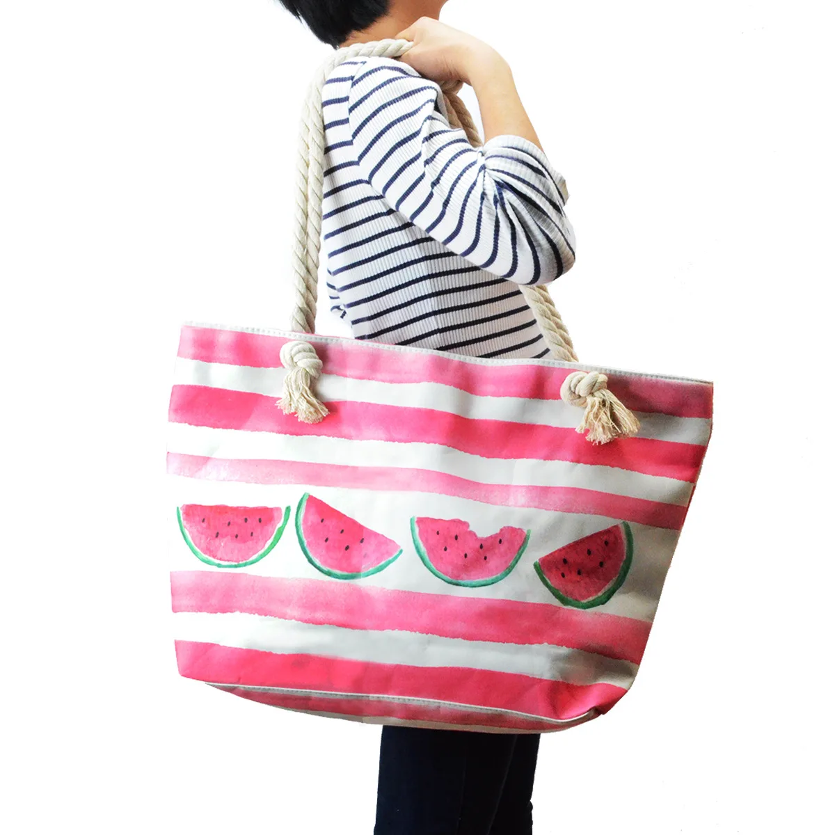 BONAMIE 2Pcs/lot Flamingo Women Tote Handbags Canvas Female Single Shoulder Bags Casual Hemp Rope Beach Bags Set Wet Bikini Bag