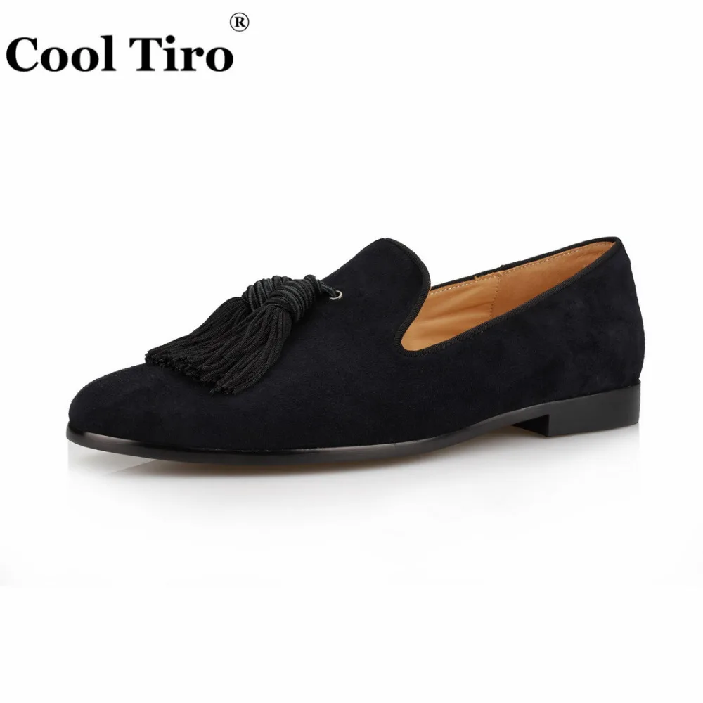 COOL TIRO Black Suede Loafers Men Handmade Tassels Slippers Wedding Dress Shoes Slip on Gentlemen Male's flat Casual Plus size | Обувь
