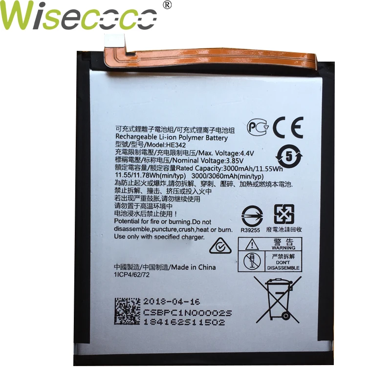 WISECOCO аккумулятор на 3000 мАч HE342 для Nokia X6 6,1 Plus TA-1099 телефон высокого качества с номером отслеживания