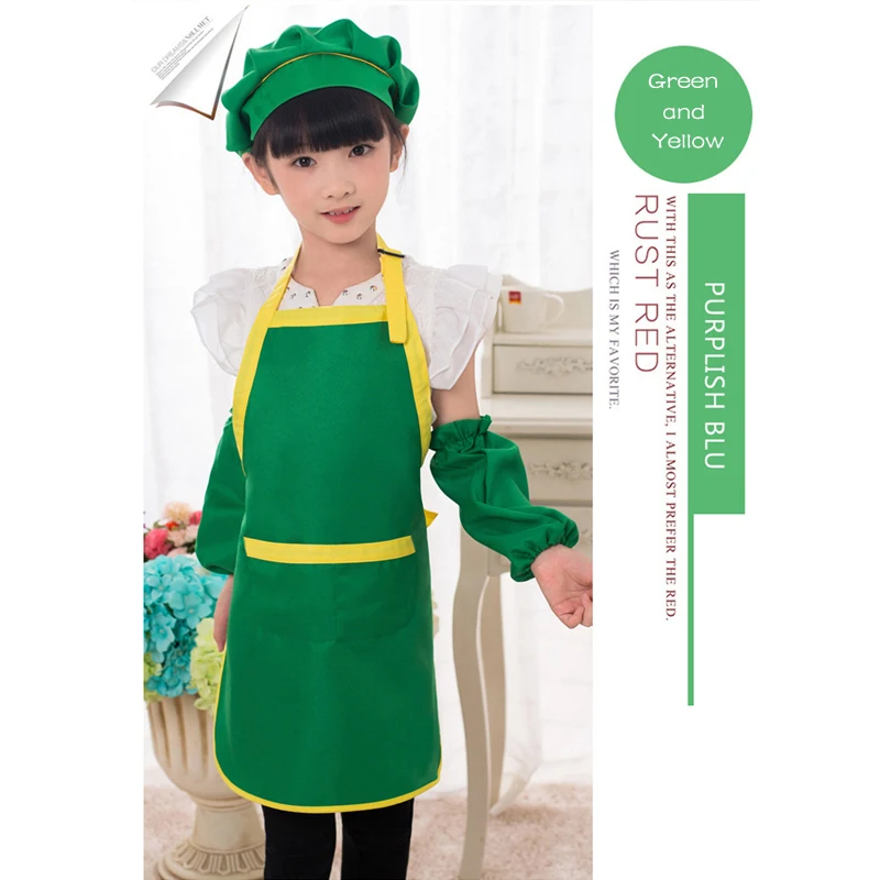 Детский фартук для шеф-повара набор с рукавами и шапкой карманный кухонный