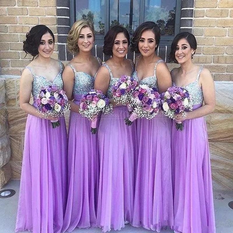 Lavender Vestido boda mujer invitada, Новое шифоновое сексуальное платье с блестками и v-образным вырезом, на тонких бретелях, ALine, лиловое платье подружки невесты, длинное свадебное платье для гостей - Цвет: Lavender