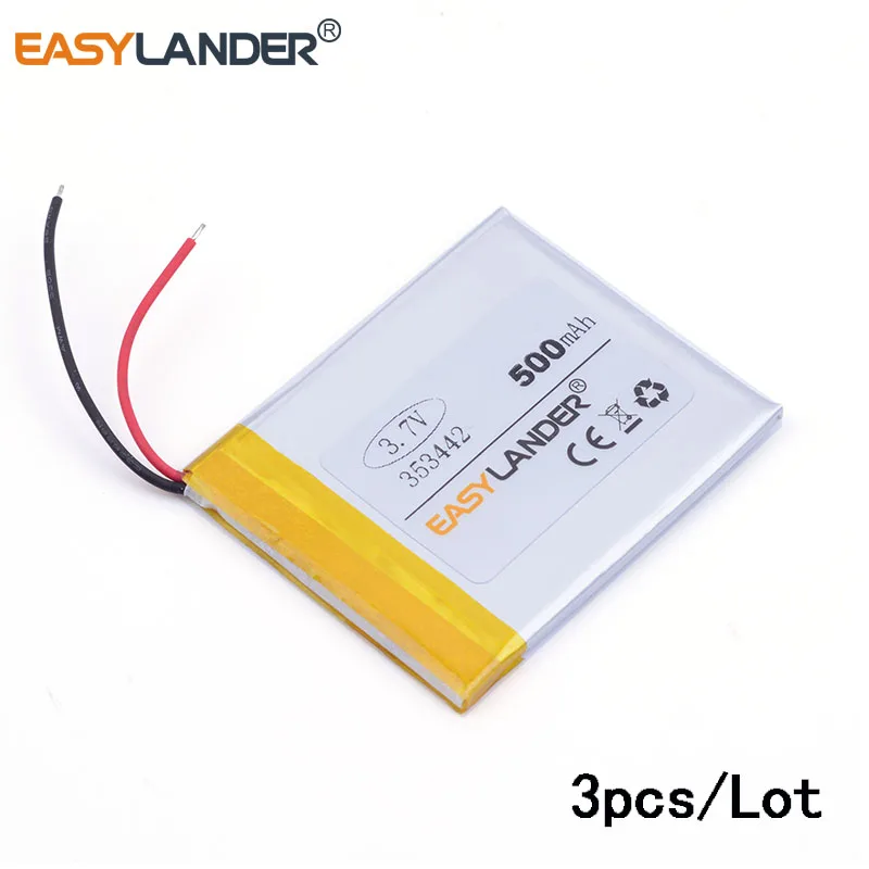 

3pcs /Lot 3.7V 500mAh Rechargeable li-Polymer Li-ion Battery For GPS PSP MP3 mp4 SPeaker DIY PAD Power LED Bluetooth Pen 353442