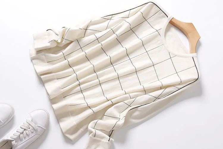 new fashion wool bright silk blend knit women classic plaid thin pullover sweater Oneck 2color M/2XL