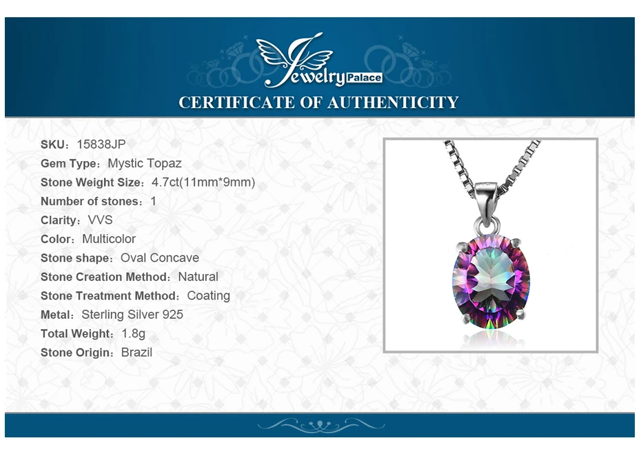 JewelryPalace 3.5ct Подлинная Радуга Своих Мистик Топаз Вогнутый Овальном Подвеска Solid
