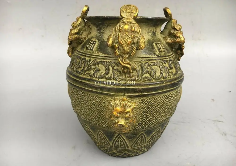 7 дюймов бронзовая Медь Золотая резная Лев жаба лягушка богатство горшок чашки