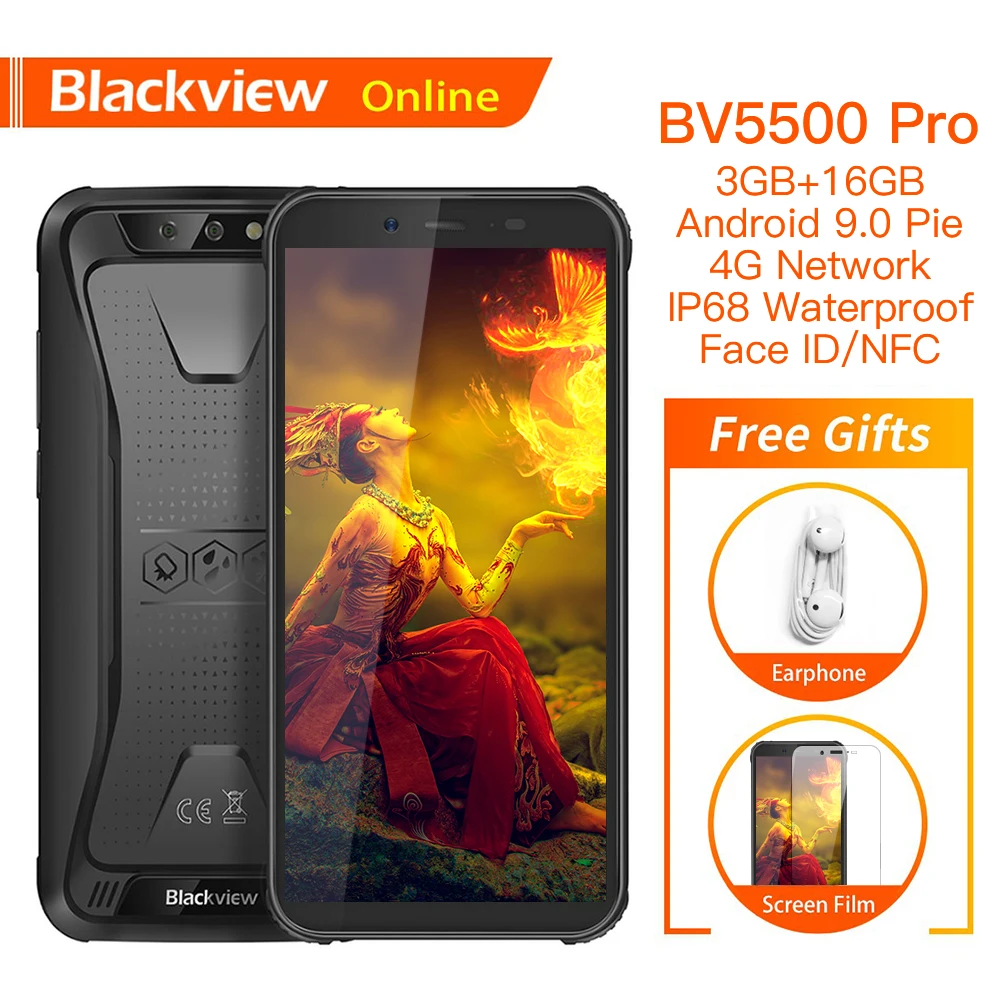 Blackview BV5500 Pro IP68 Водонепроницаемый 5," прочный смартфон 4400 мАч 3 ГБ+ 16 ГБ Android 9,0 пирог 4G открытый мобильный телефон