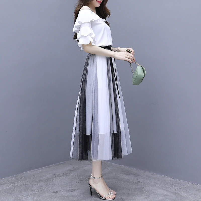

Very fairy French design fashion women outfit new summer a word shoulder suit two-piece clothing set top blouse skirt chiffon