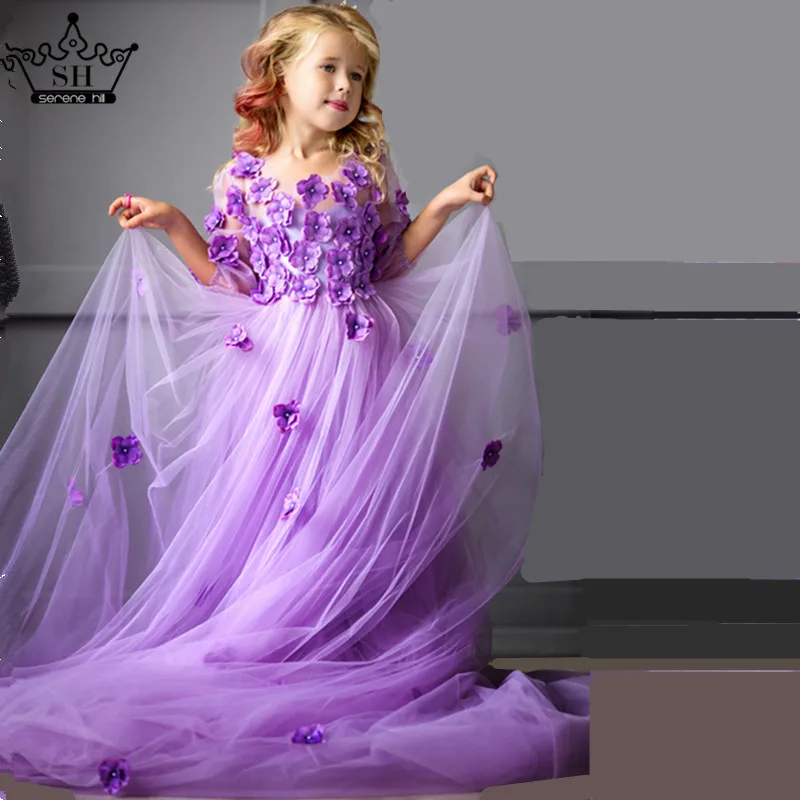 Фиолетовые платья с цветами и бусинами для девочек кружевные первого причастия