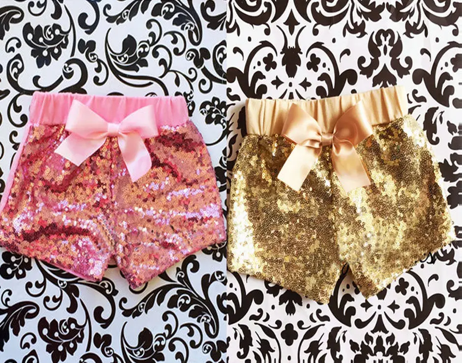 Модные вечерние шорты с бантом и блестками для маленьких девочек летний костюм |