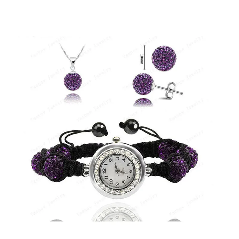 Dark Purple Акция продаж Модный микро-паве CZ Disco 10 мм бусины горный хрусталь часы браслет серьги-подвески, ювелирные изделия наборы для ухода за кожей для женщин SHSE11 - Окраска металла: Dark Purple