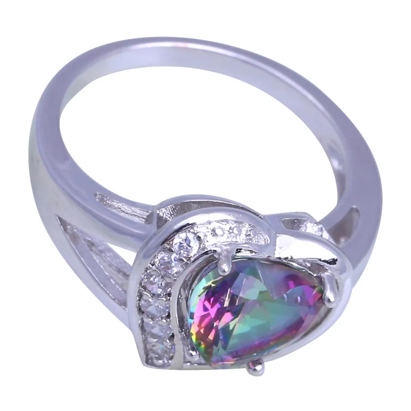 ROLILASON Weeding gift Heart desgin ring for women multicolor zircon white crystal silver color Rings USA size #6#7#8#9#10 OR916 | Украшения