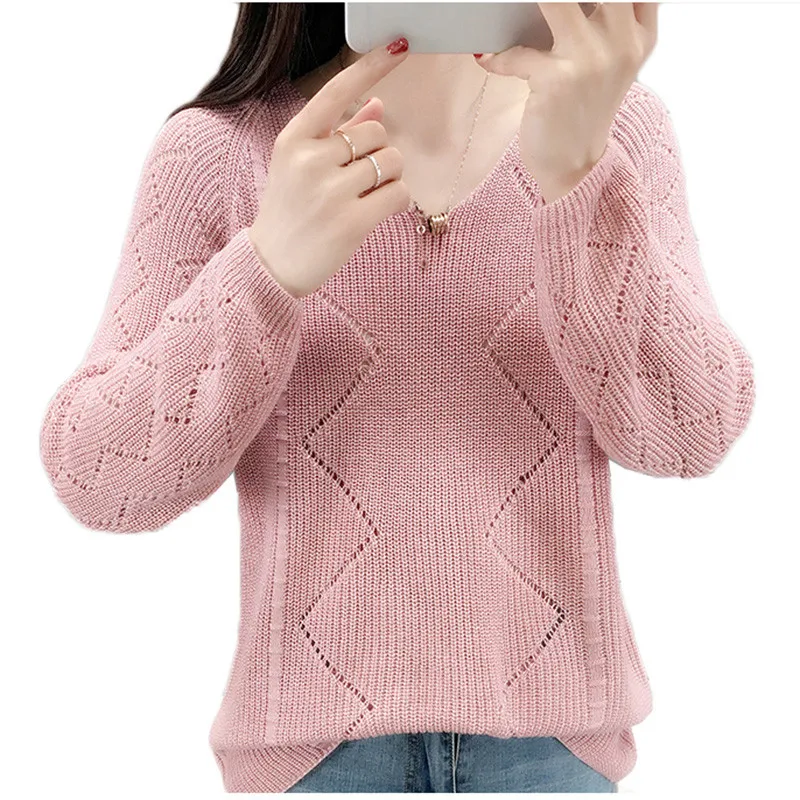 2019 весенний пуловер с дырочками вязаный свитер для женщин свободный v-образный