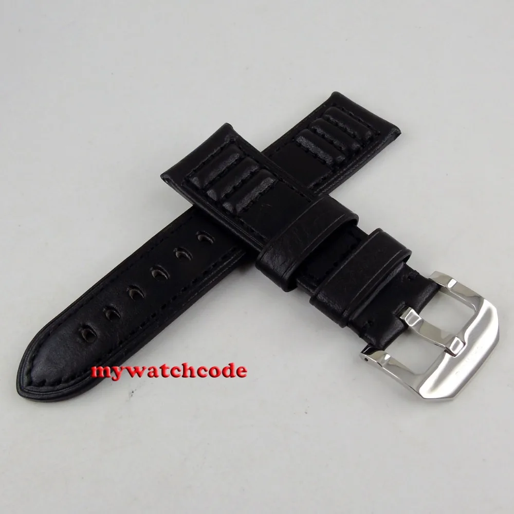 24mm black genuine leather starp fit parnis 44mm 47mm mens watch